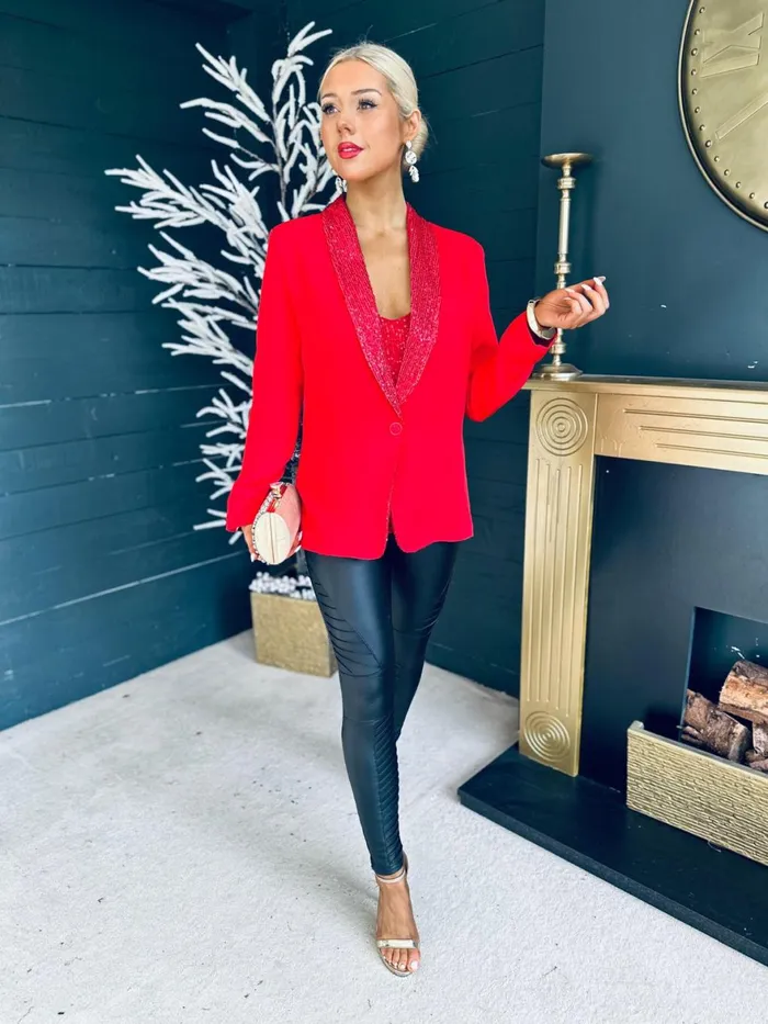 Women Suits and Blazers Canella Lane Menlo Sequin Detail Blazer Red