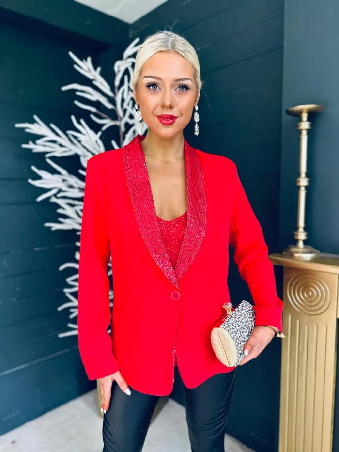 Women Suits and Blazers Canella Lane Menlo Sequin Detail Blazer Red
