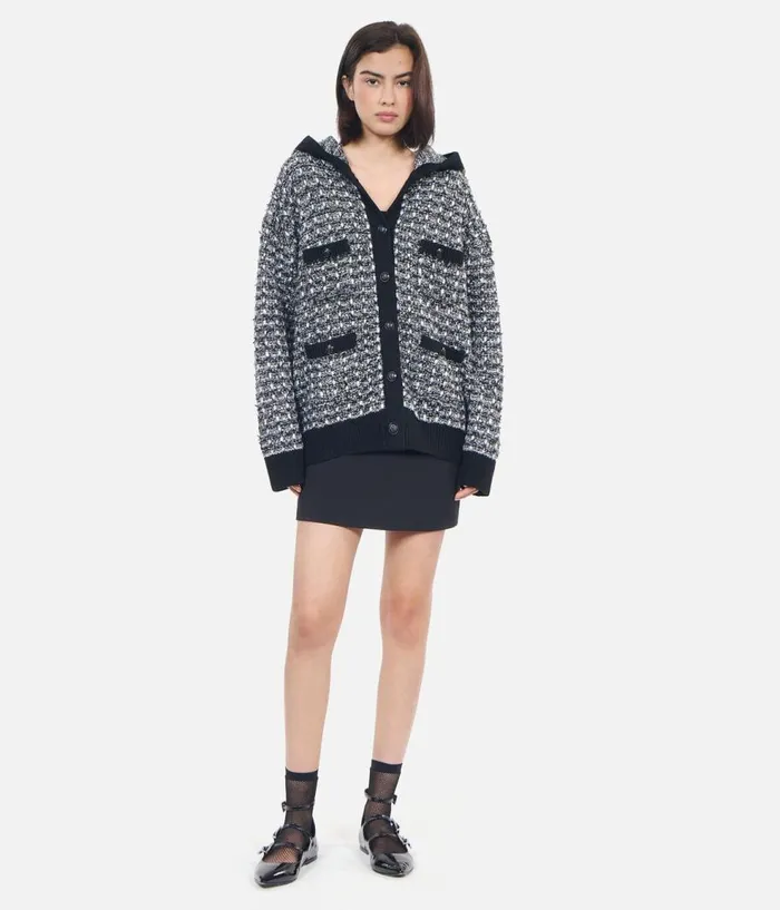 Women Sweaters THE KOOPLES Black And White Tweed Hooded Cardigan Women Sweaters THE KOOPLES Black And White Tweed Hooded Cardigan