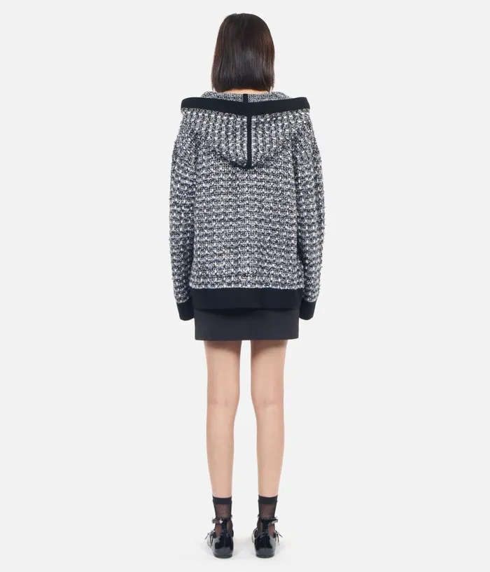Women Sweaters THE KOOPLES Black And White Tweed Hooded Cardigan Women Sweaters THE KOOPLES Black And White Tweed Hooded Cardigan