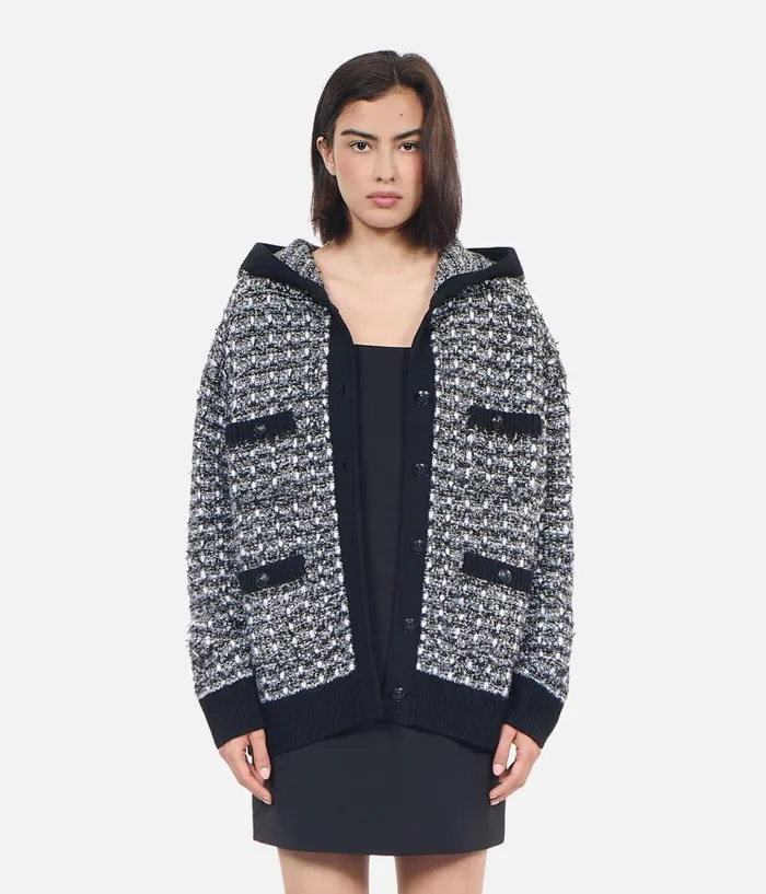 Women Sweaters THE KOOPLES Black And White Tweed Hooded Cardigan Women Sweaters THE KOOPLES Black And White Tweed Hooded Cardigan