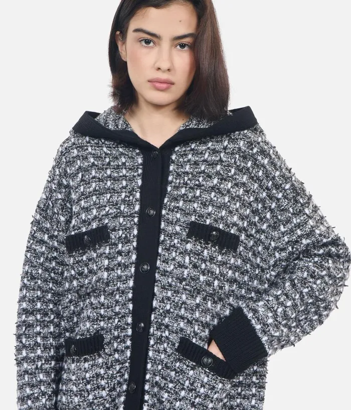 Women Sweaters THE KOOPLES Black And White Tweed Hooded Cardigan Women Sweaters THE KOOPLES Black And White Tweed Hooded Cardigan