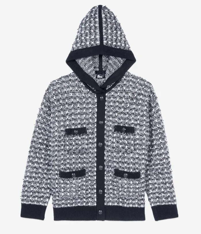 Women Sweaters THE KOOPLES Black And White Tweed Hooded Cardigan Women Sweaters THE KOOPLES Black And White Tweed Hooded Cardigan