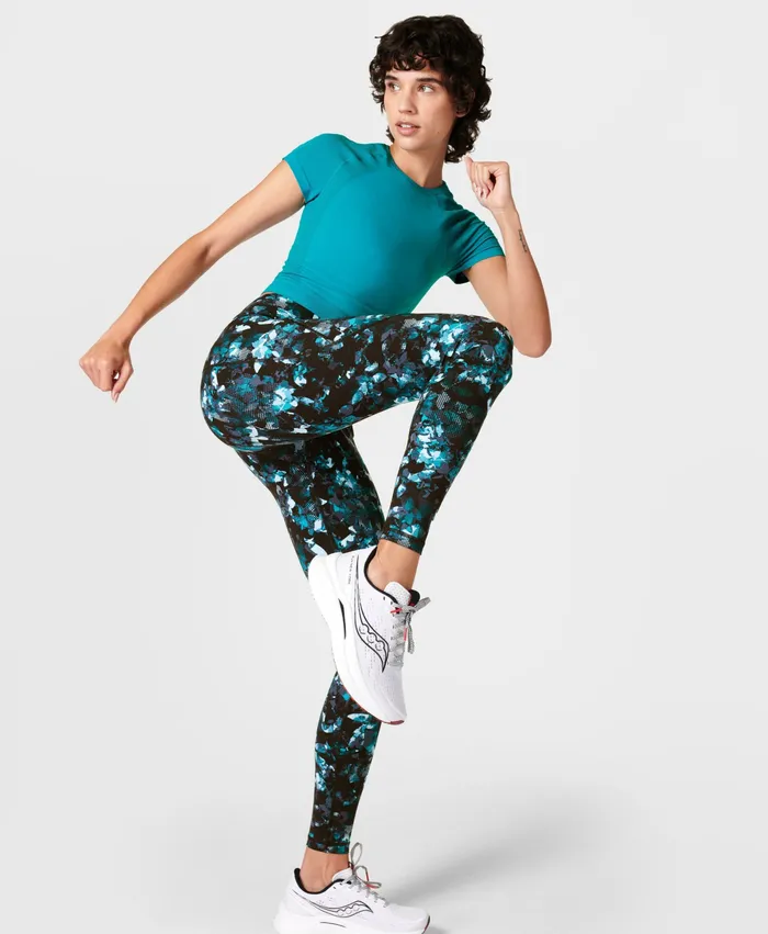 Women Sweaty Betty Power Gym Leggings Blue Illuminate Floral Print Pocketed