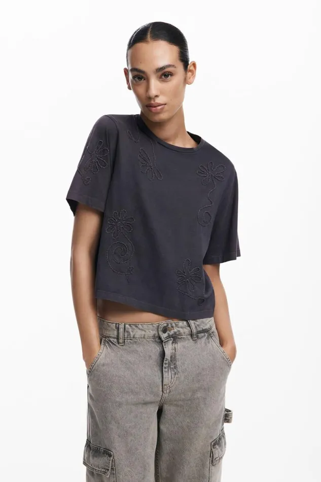 Women Tshirts Desigual Embroidered Flower Tshirt