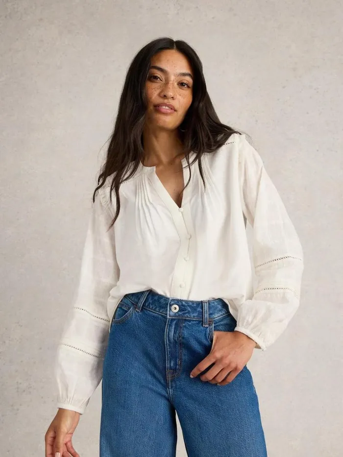 Women TOPS and TEES White Stuff BLOSSOM BUTTON NECK BOHO TOP Natural White