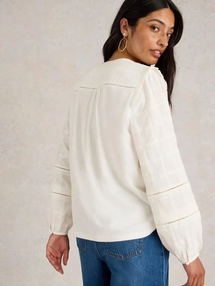 Women TOPS and TEES White Stuff BLOSSOM BUTTON NECK BOHO TOP Natural White