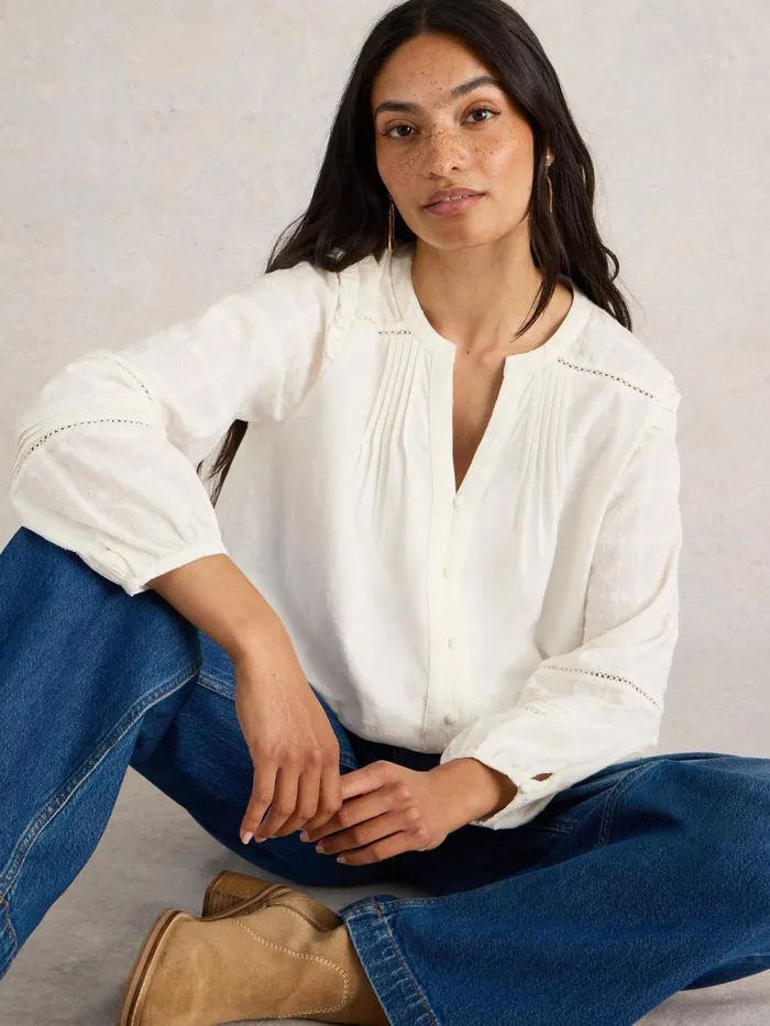 Women TOPS and TEES White Stuff BLOSSOM BUTTON NECK BOHO TOP Natural White