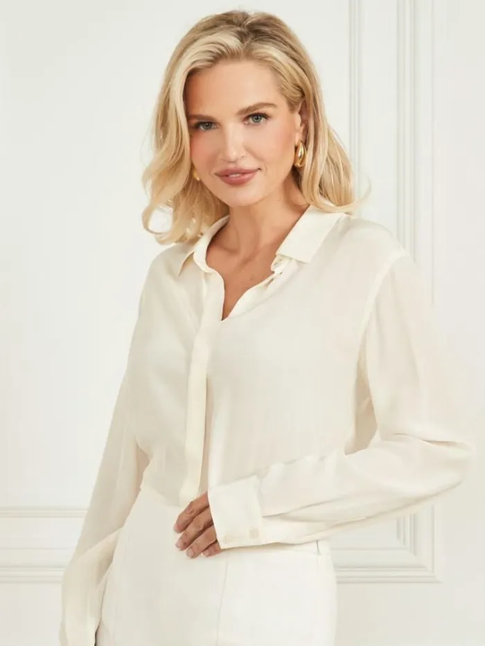 Women Tops And Sweaters Marciano New Silk Icon Blouse Pale Pearl