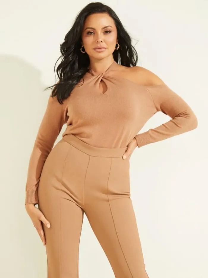 Women Tops And Sweaters Marciano Priya ColdShoulder Sweater Top Shiitake Brown