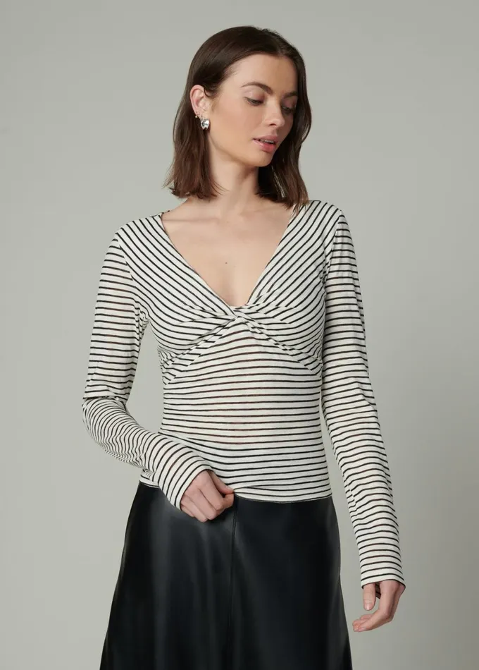 Women Tops Joe039s Jeans THE AVA STRIPE TWIST V NECK TOP Black White Stripe