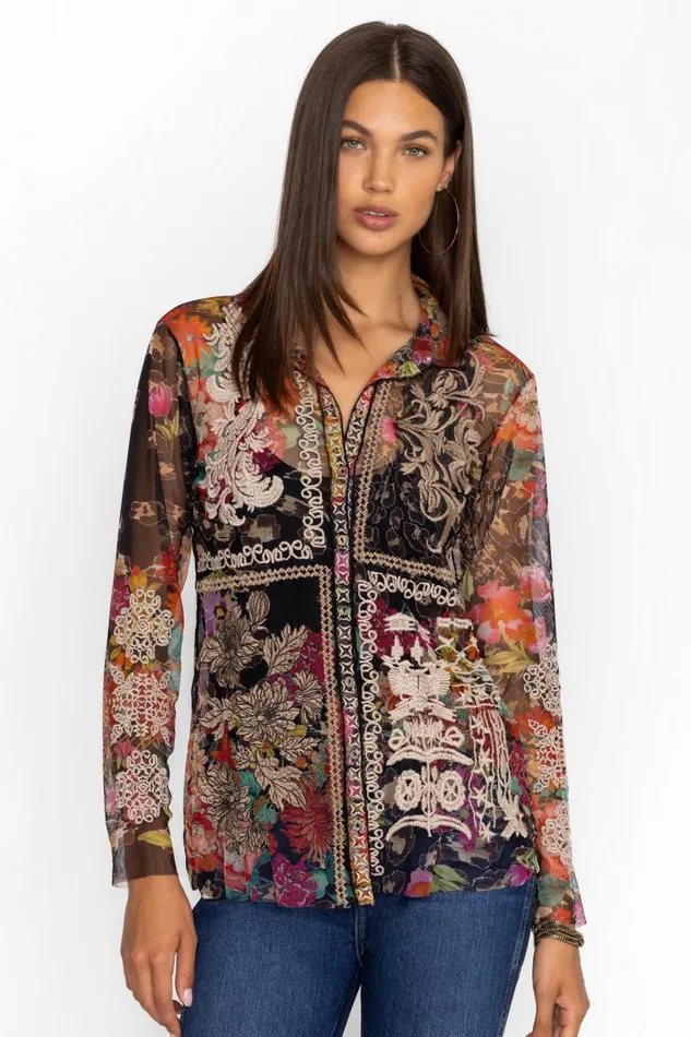 Women Tops Johnny Was MAZZY BUTTON DOWN FITTED BLOUSE Wild Gardenia Night
