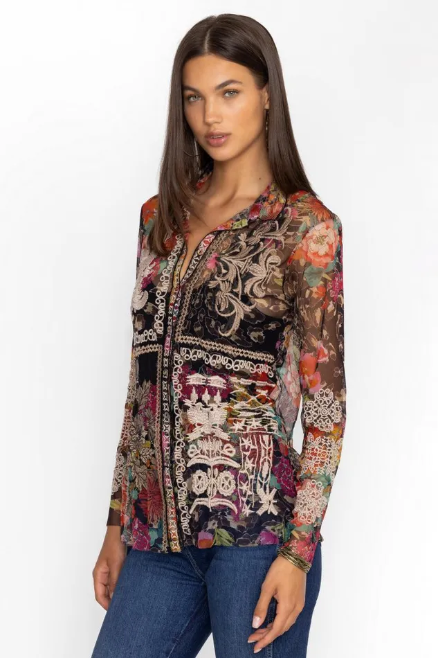 Women Tops Johnny Was MAZZY BUTTON DOWN FITTED BLOUSE Wild Gardenia Night