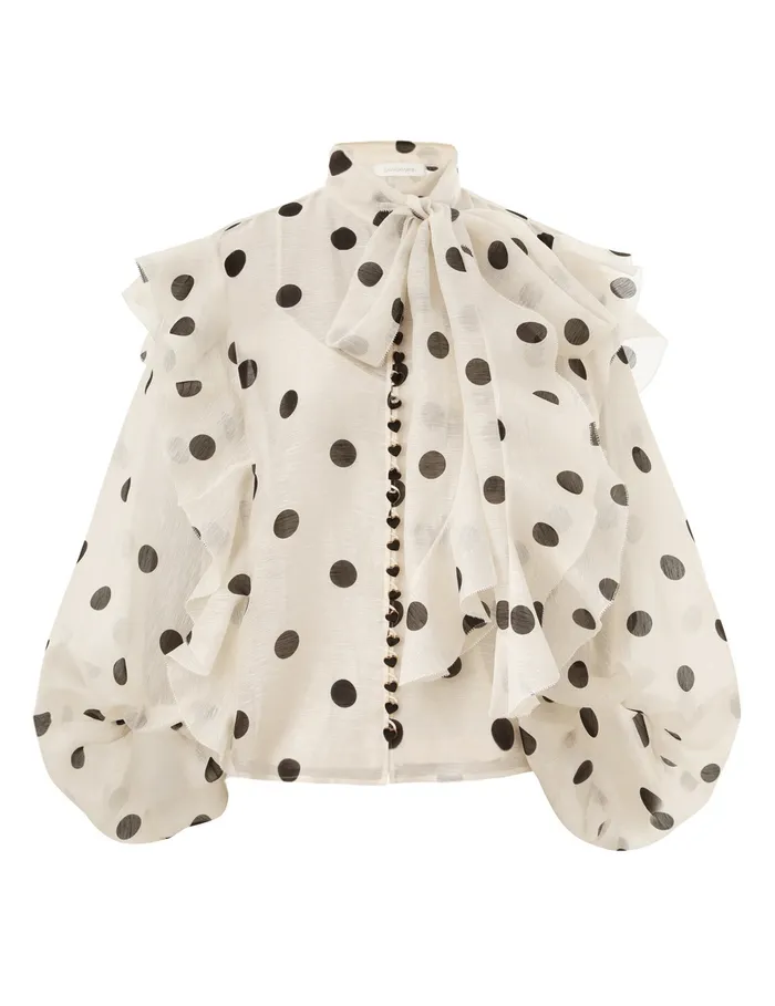 Women Zimmermann Clothing Crush Tie Neck Ruffle Blouse Creamblack Dot