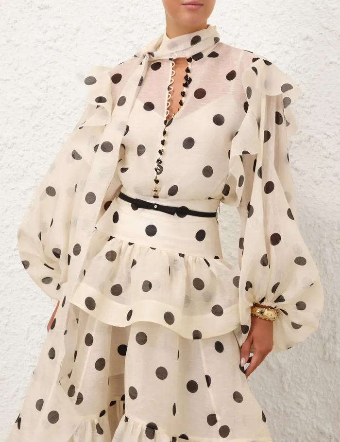 Women Zimmermann Clothing Crush Tie Neck Ruffle Blouse Creamblack Dot