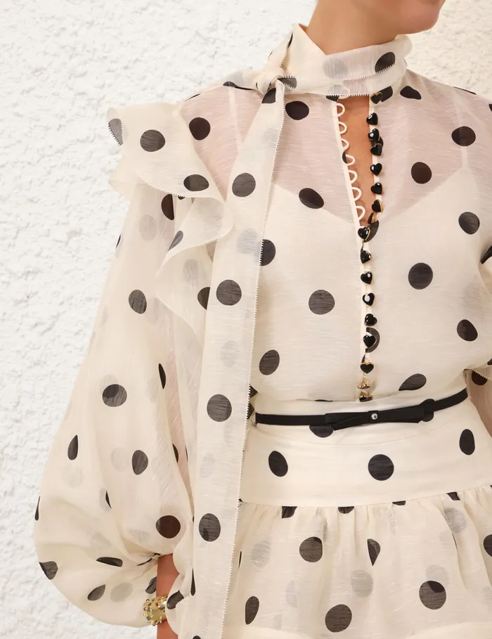 Women Zimmermann Clothing Crush Tie Neck Ruffle Blouse Creamblack Dot