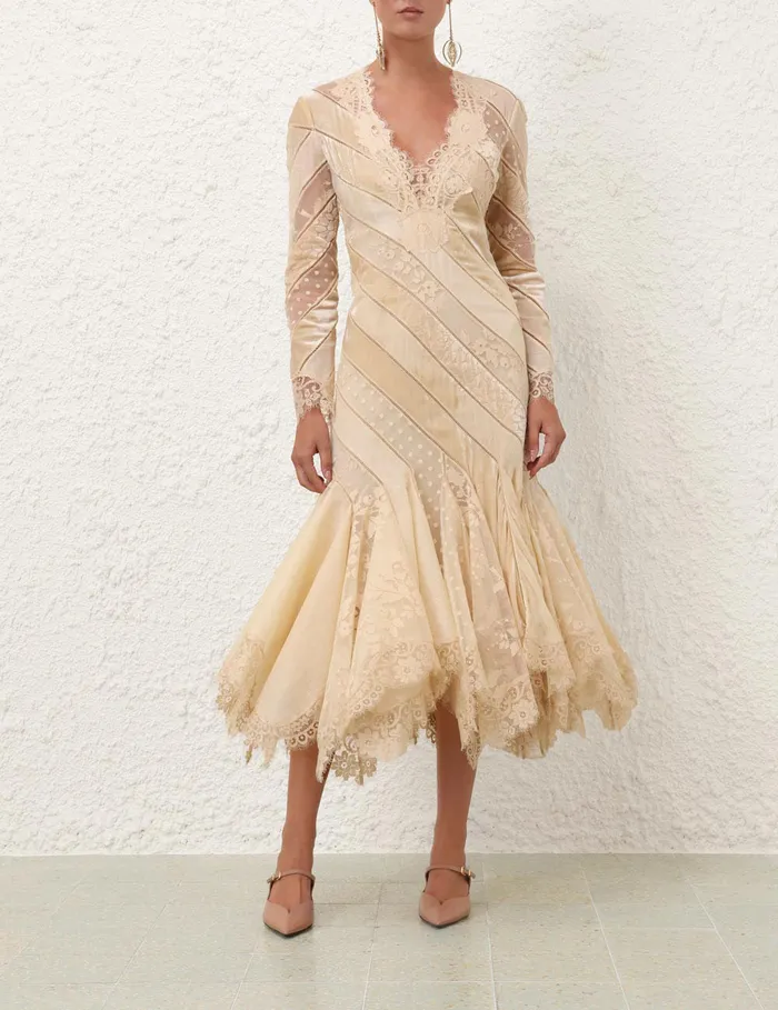 Women Zimmermann Clothing Eden V Neck Spliced Gown Cream