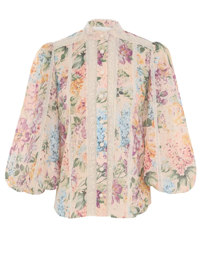 Women Zimmermann Clothing Halliday Lace Trim Shirt Multi Watercolour Floral