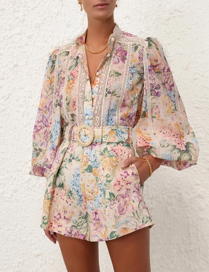 Women Zimmermann Clothing Halliday Lace Trim Shirt Multi Watercolour Floral