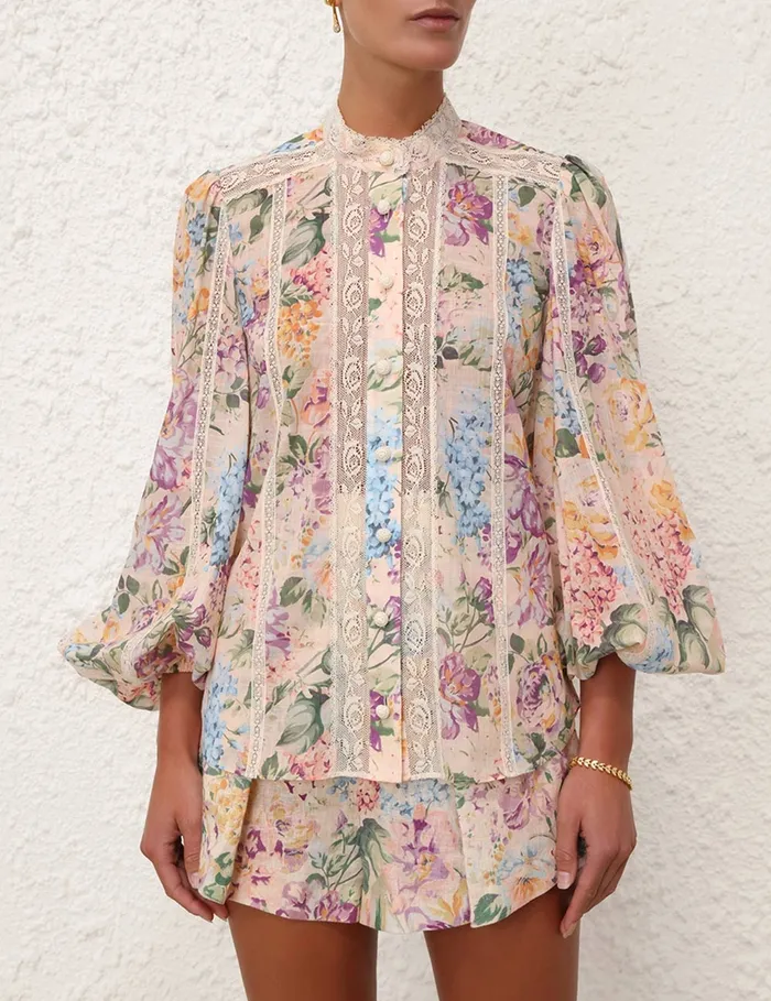 Women Zimmermann Clothing Halliday Lace Trim Shirt Multi Watercolour Floral