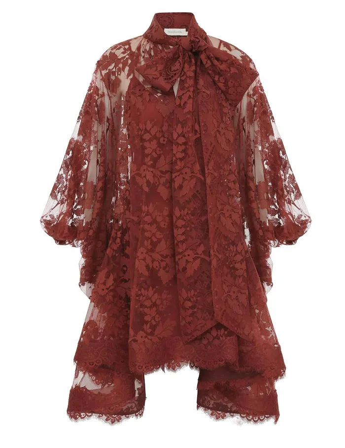 Women Zimmermann Clothing Illustration Lace Mini Dress Chestnut