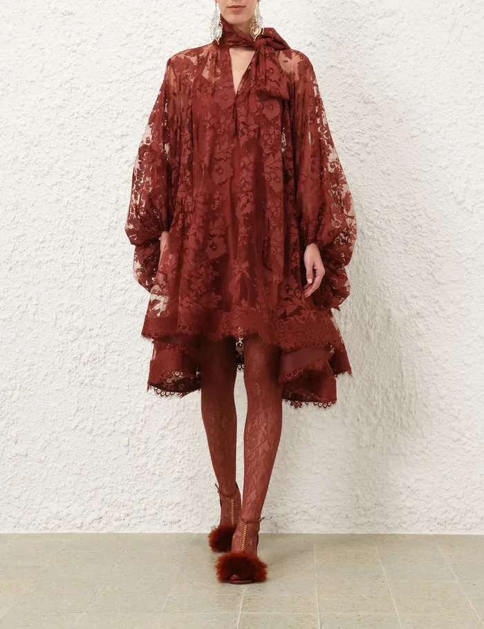 Women Zimmermann Clothing Illustration Lace Mini Dress Chestnut