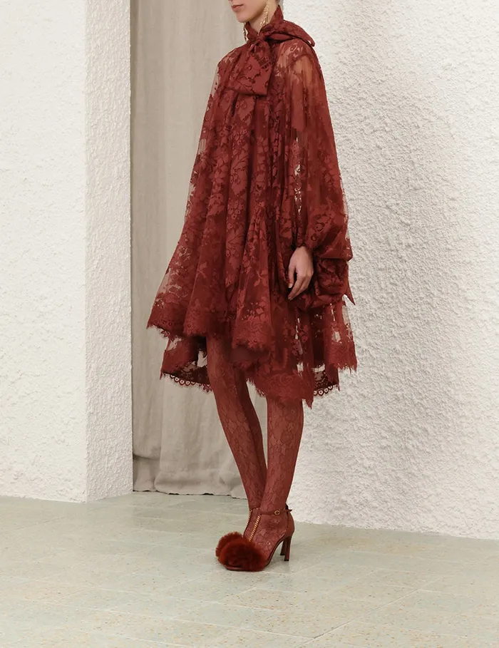 Women Zimmermann Clothing Illustration Lace Mini Dress Chestnut