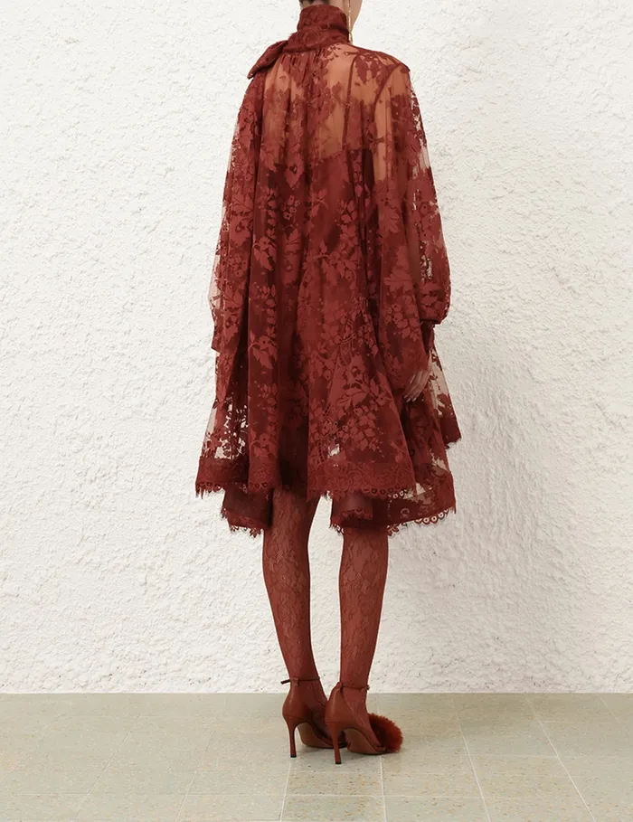 Women Zimmermann Clothing Illustration Lace Mini Dress Chestnut