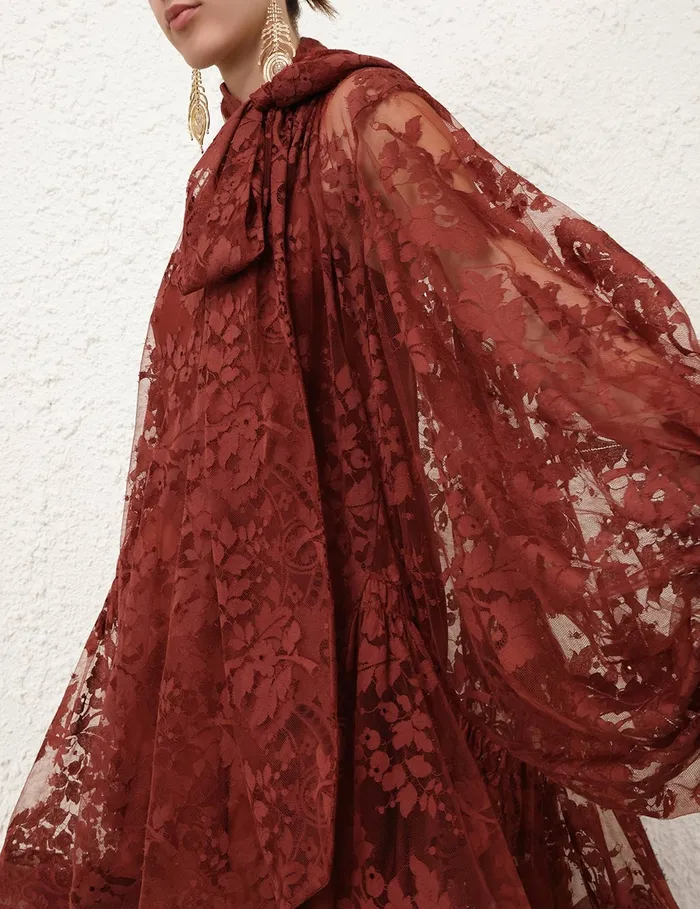 Women Zimmermann Clothing Illustration Lace Mini Dress Chestnut