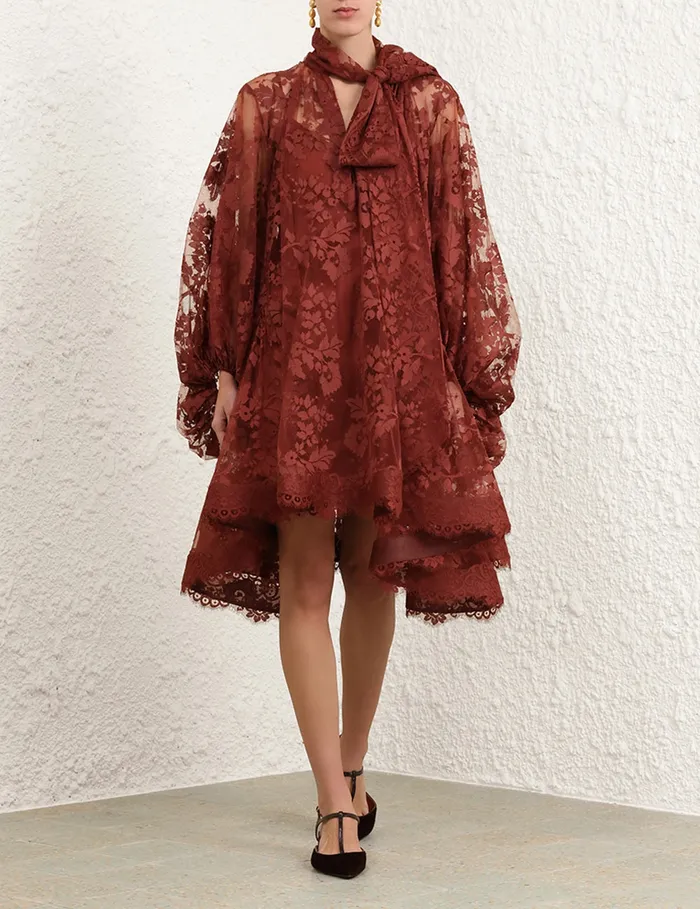 Women Zimmermann Clothing Illustration Lace Mini Dress Chestnut