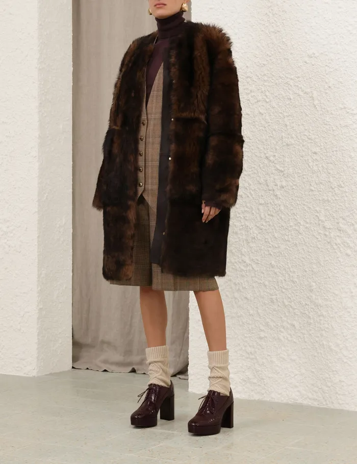 Women Zimmermann Clothing Illustration Shearling Coat Chocolate