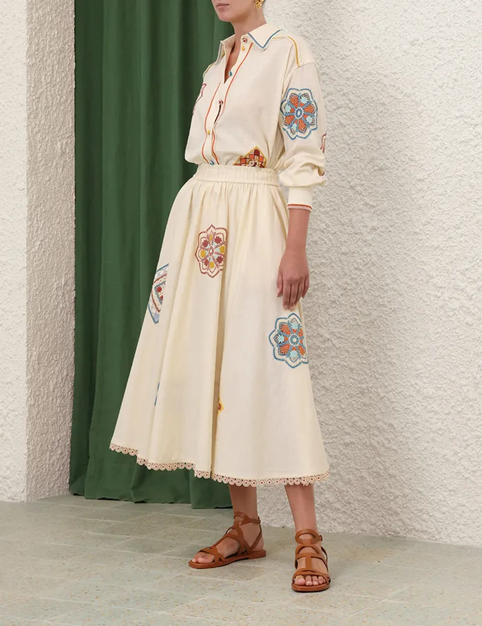 Women Zimmermann Clothing Ottie Doily Midi Skirt Cream Multi