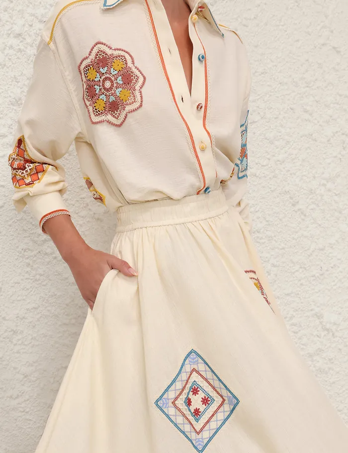 Women Zimmermann Clothing Ottie Doily Midi Skirt Cream Multi