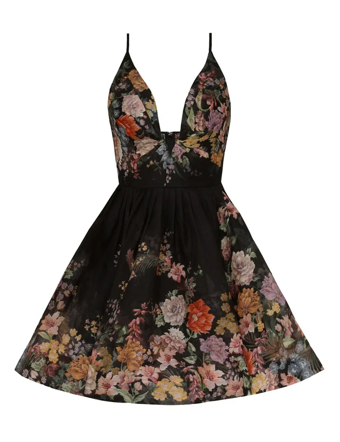 Women Zimmermann Clothing Pavilion V Neck Mini Dress Black Multi Floral