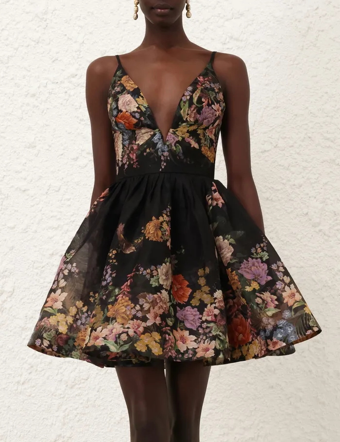 Women Zimmermann Clothing Pavilion V Neck Mini Dress Black Multi Floral