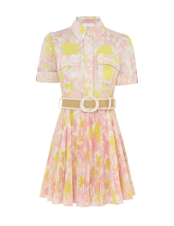 Women Zimmermann Clothing Pop Pleated Mini Dress Pinkyellow Floral
