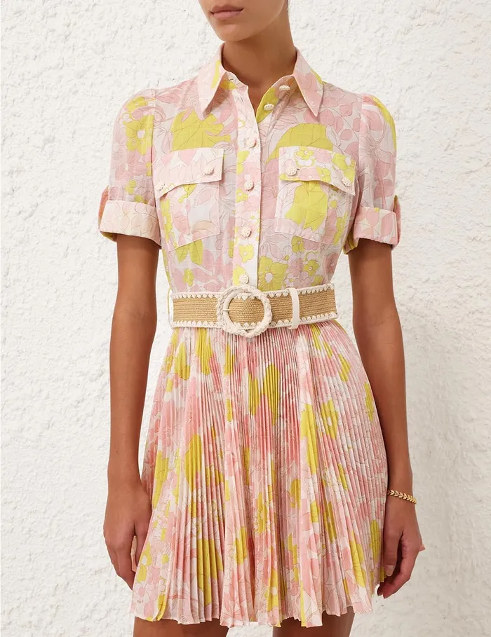 Women Zimmermann Clothing Pop Pleated Mini Dress Pinkyellow Floral