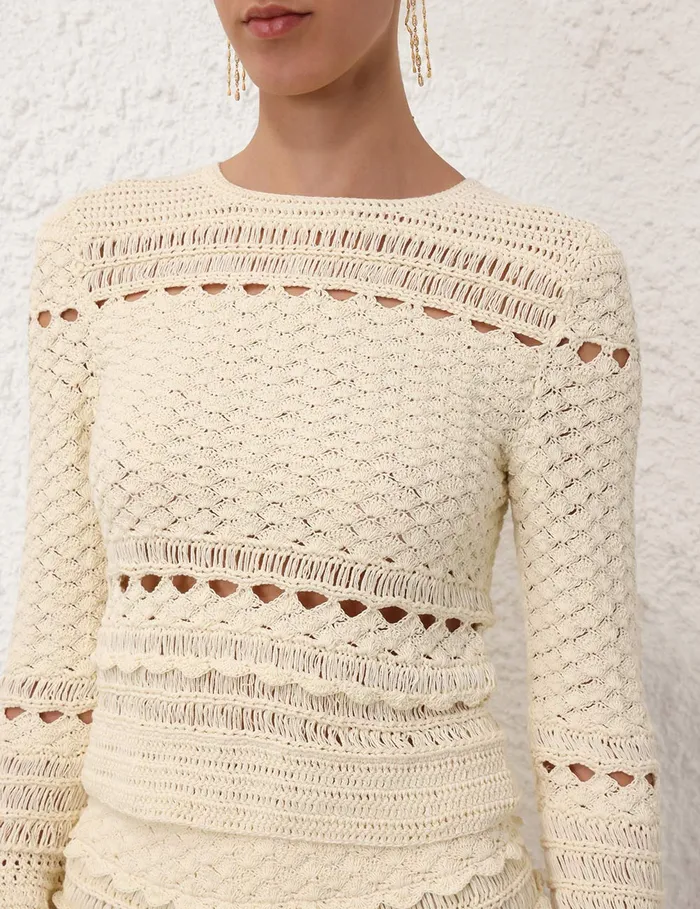Women Zimmermann Clothing Waverly Crochet Crew Neck Top Cream