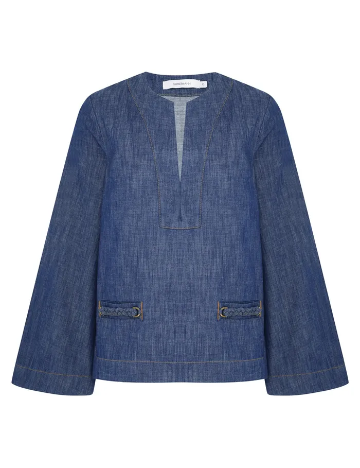 Women Zimmermann Clothing Wylie Denim Tunic Top Railway Blue