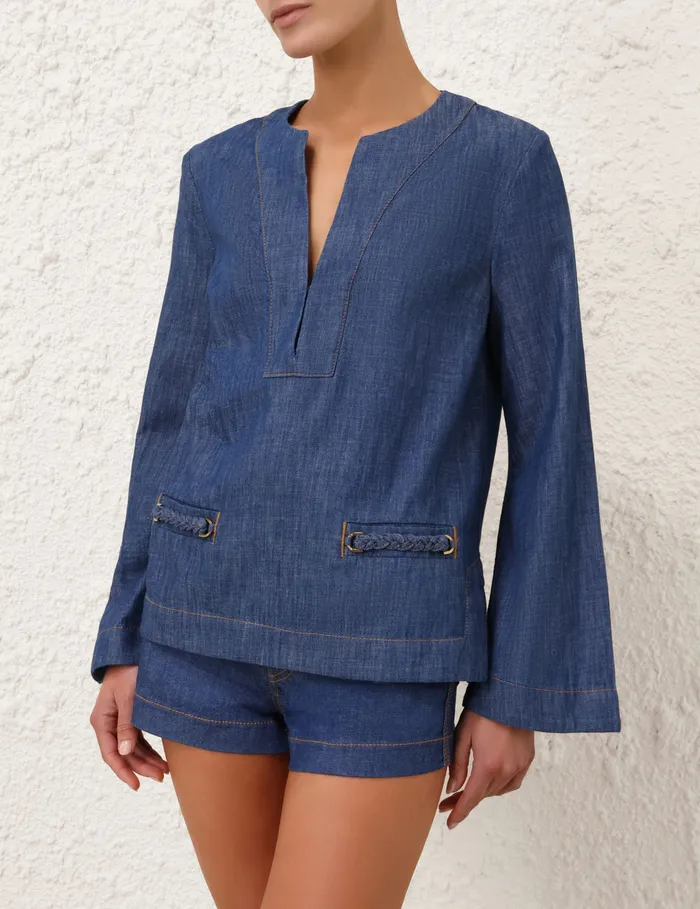 Women Zimmermann Clothing Wylie Denim Tunic Top Railway Blue