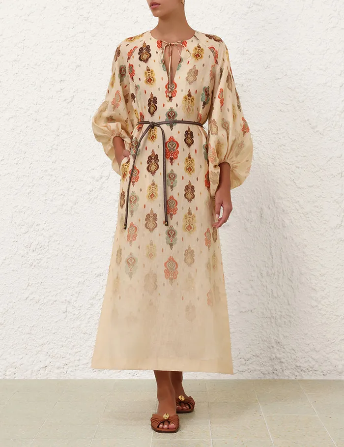Women Zimmermann Clothing Wylie Midi Dress Tan Ikat