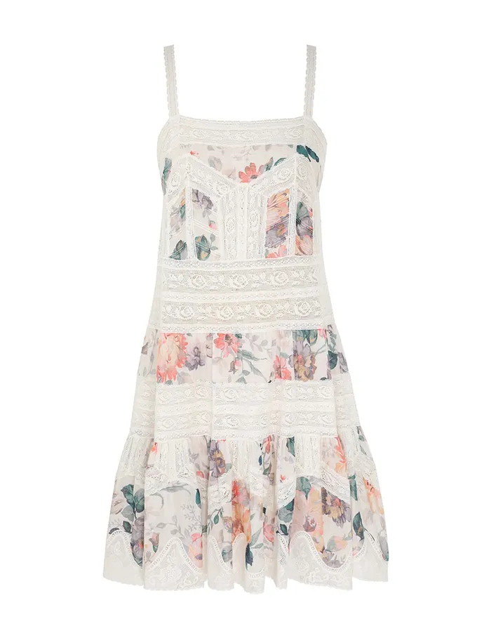 Women Zimmermann Dresses and Coverups Acacia Lace Trim Mini Dress Cream Multi Floral
