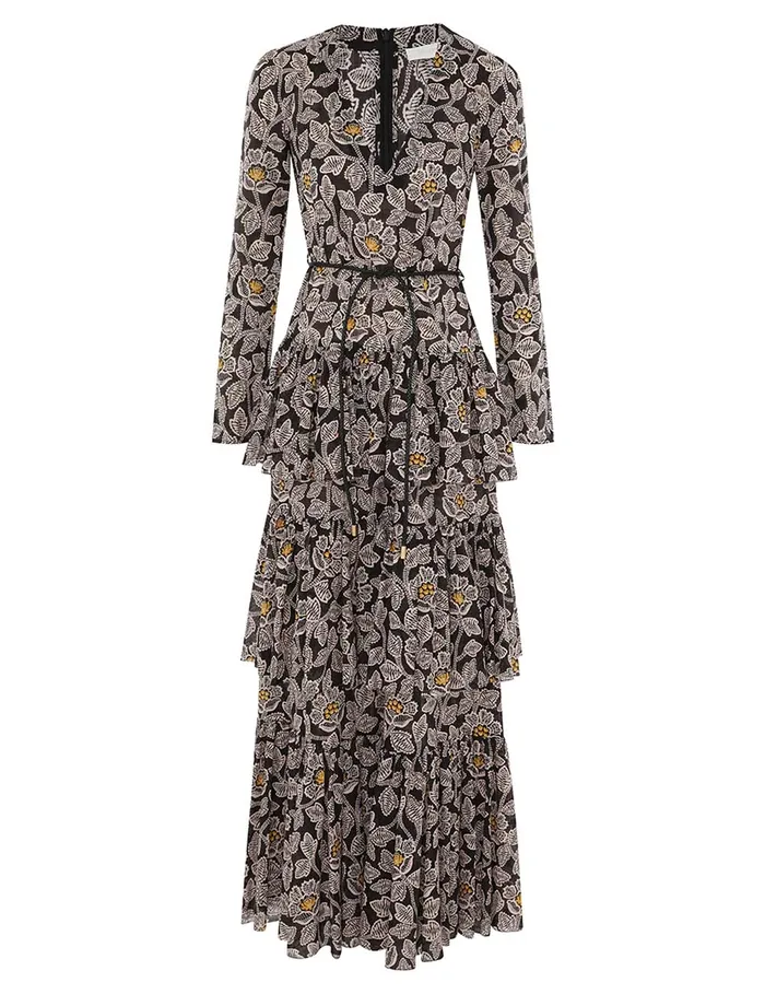 Women Zimmermann Dresses and Coverups Ottie Tiered Midi Dress Black Floral