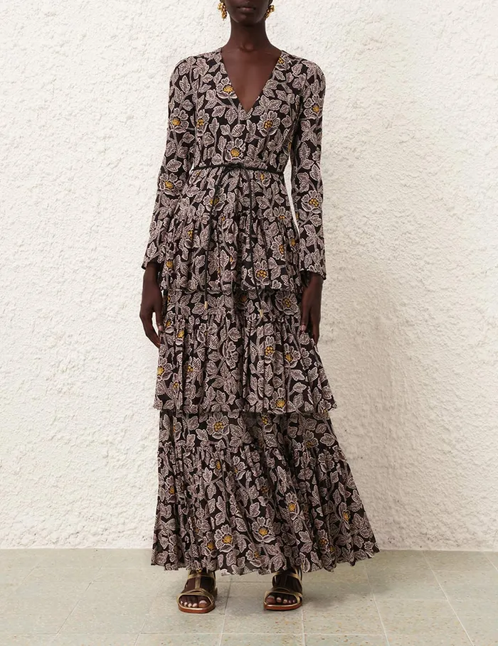 Women Zimmermann Dresses and Coverups Ottie Tiered Midi Dress Black Floral
