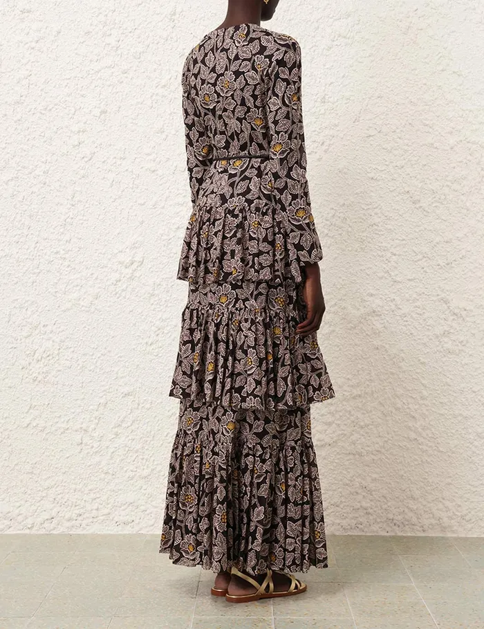 Women Zimmermann Dresses and Coverups Ottie Tiered Midi Dress Black Floral