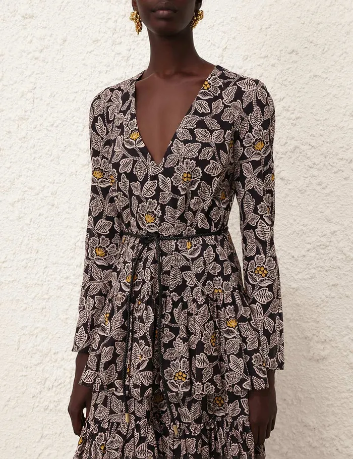 Women Zimmermann Dresses and Coverups Ottie Tiered Midi Dress Black Floral
