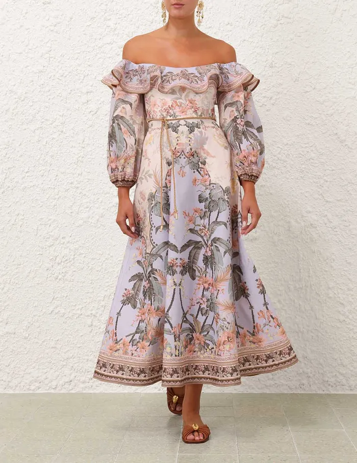 Women Zimmermann Dresses and Coverups Wylie OffShoulder Midi Dress Blue Floral