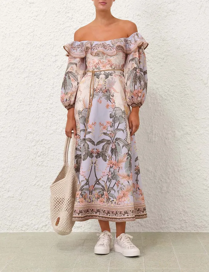 Women Zimmermann Dresses and Coverups Wylie OffShoulder Midi Dress Blue Floral