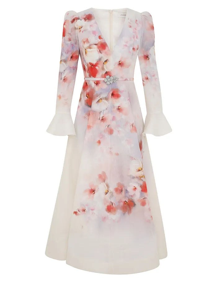 Women Zimmermann Dresses Crush Frill Sleeved Midi Dress Scarlet Floral