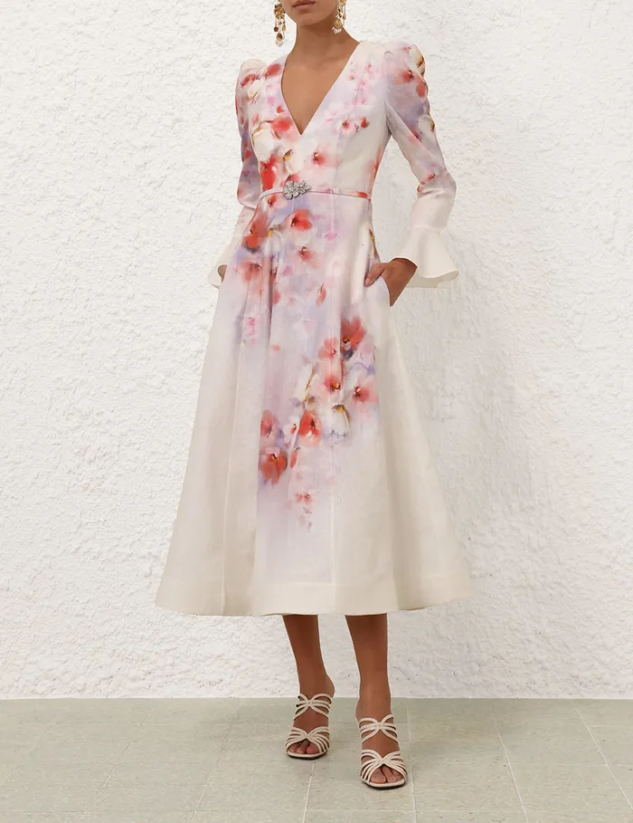 Women Zimmermann Dresses Crush Frill Sleeved Midi Dress Scarlet Floral